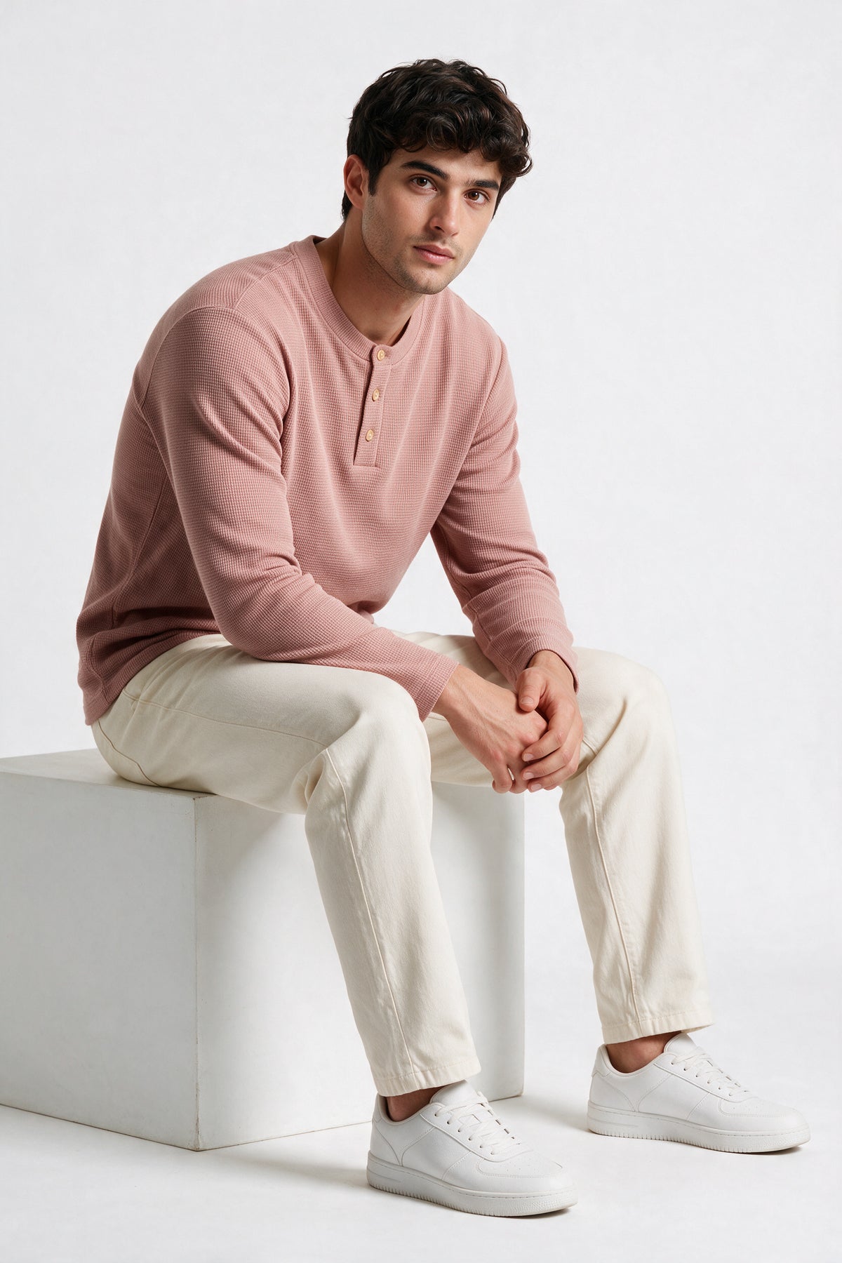 Zurich Pink Structured fabric Henley Sweatshirt for Men