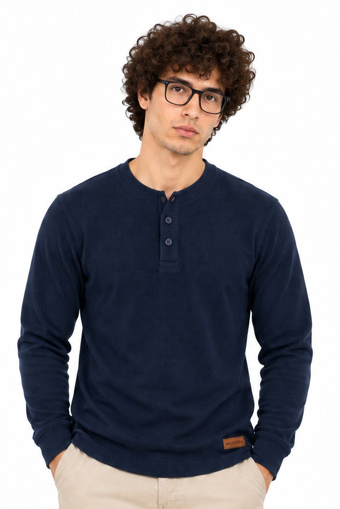 Quebec Navy Structured fabric Henley Sweatshirt for Men