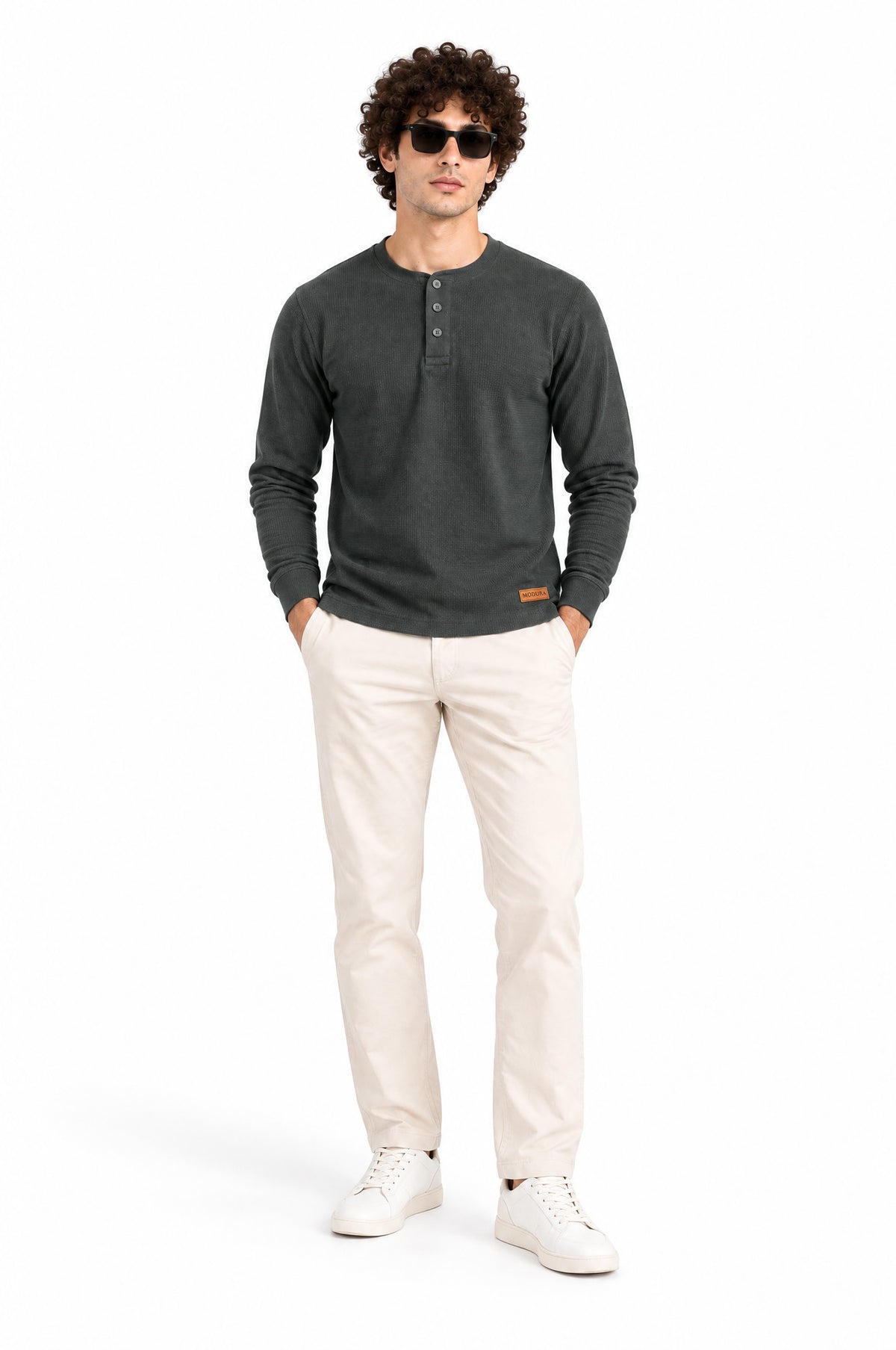 Tirol Green Structured fabric Henley Sweatshirt for Men