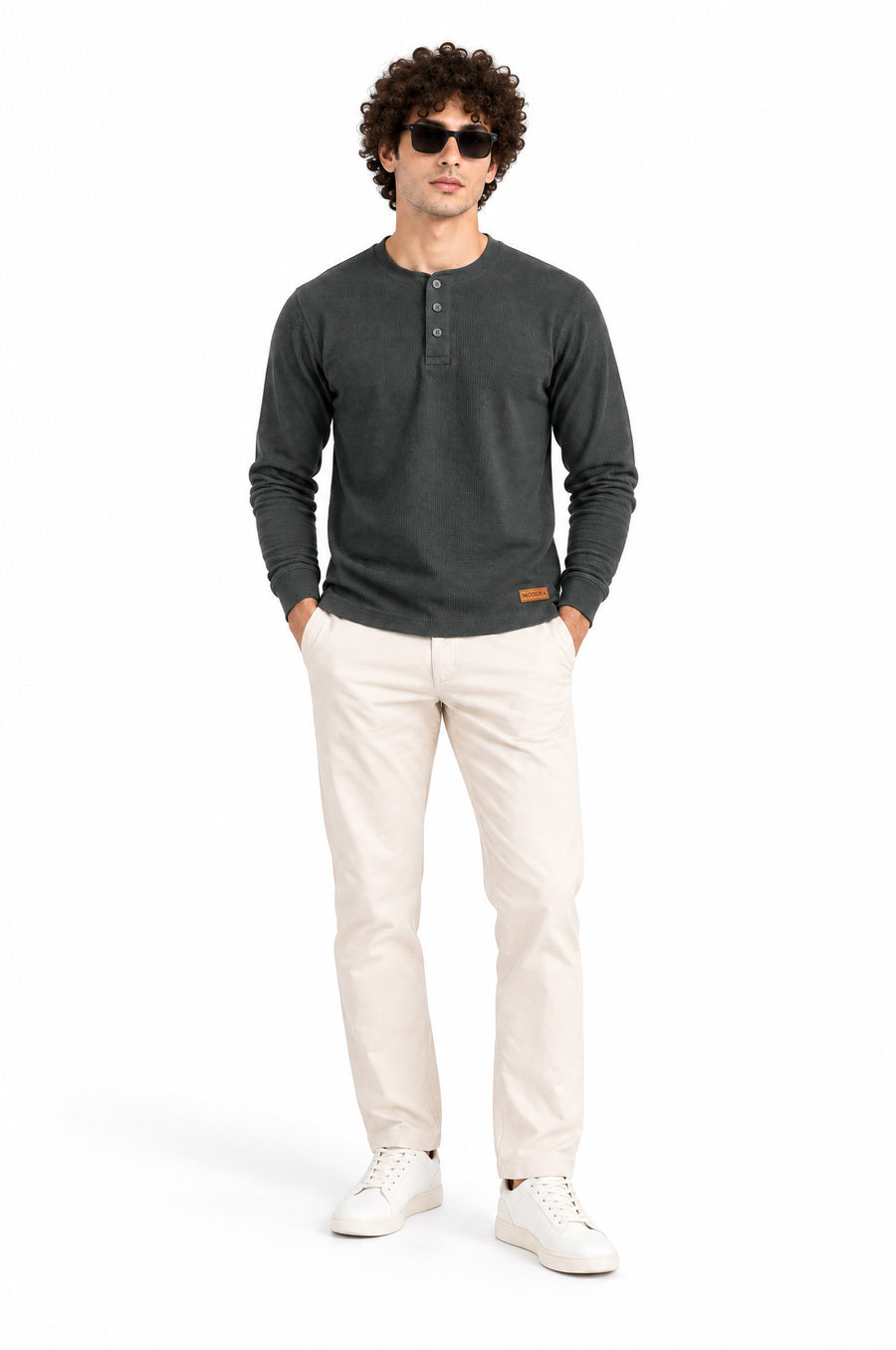 Tirol Green Structured fabric Henley Sweatshirt for Men