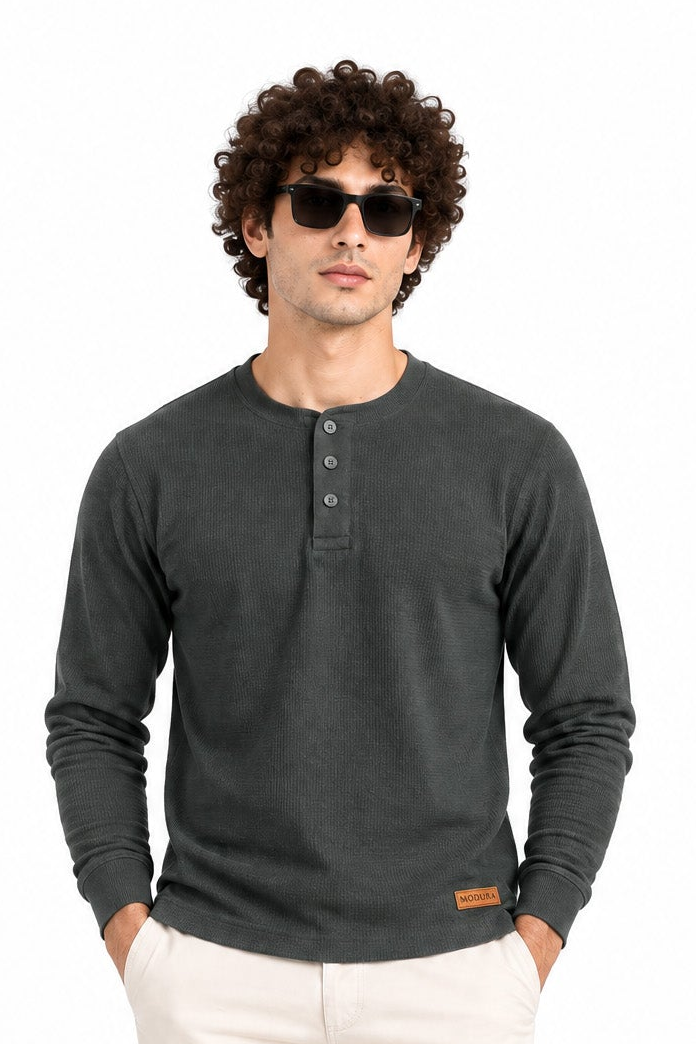 Tirol Green Structured fabric Henley Sweatshirt for Men
