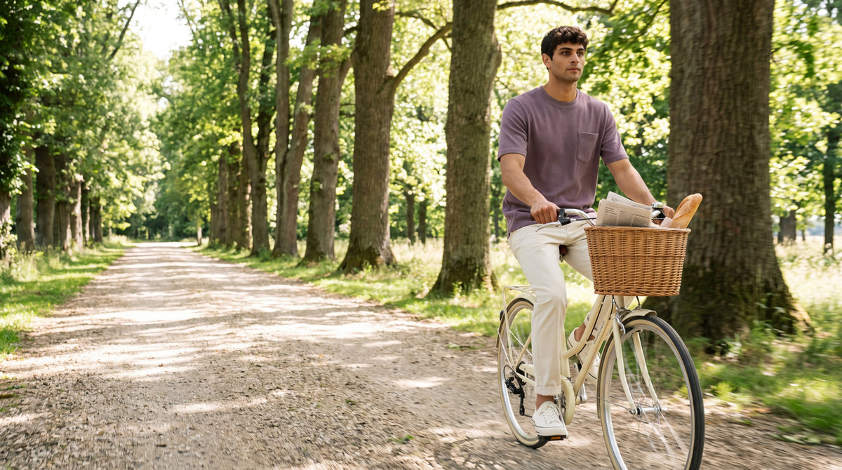 Man in Modura Seville purple textured t-shirt cycling down a tree-lined lane