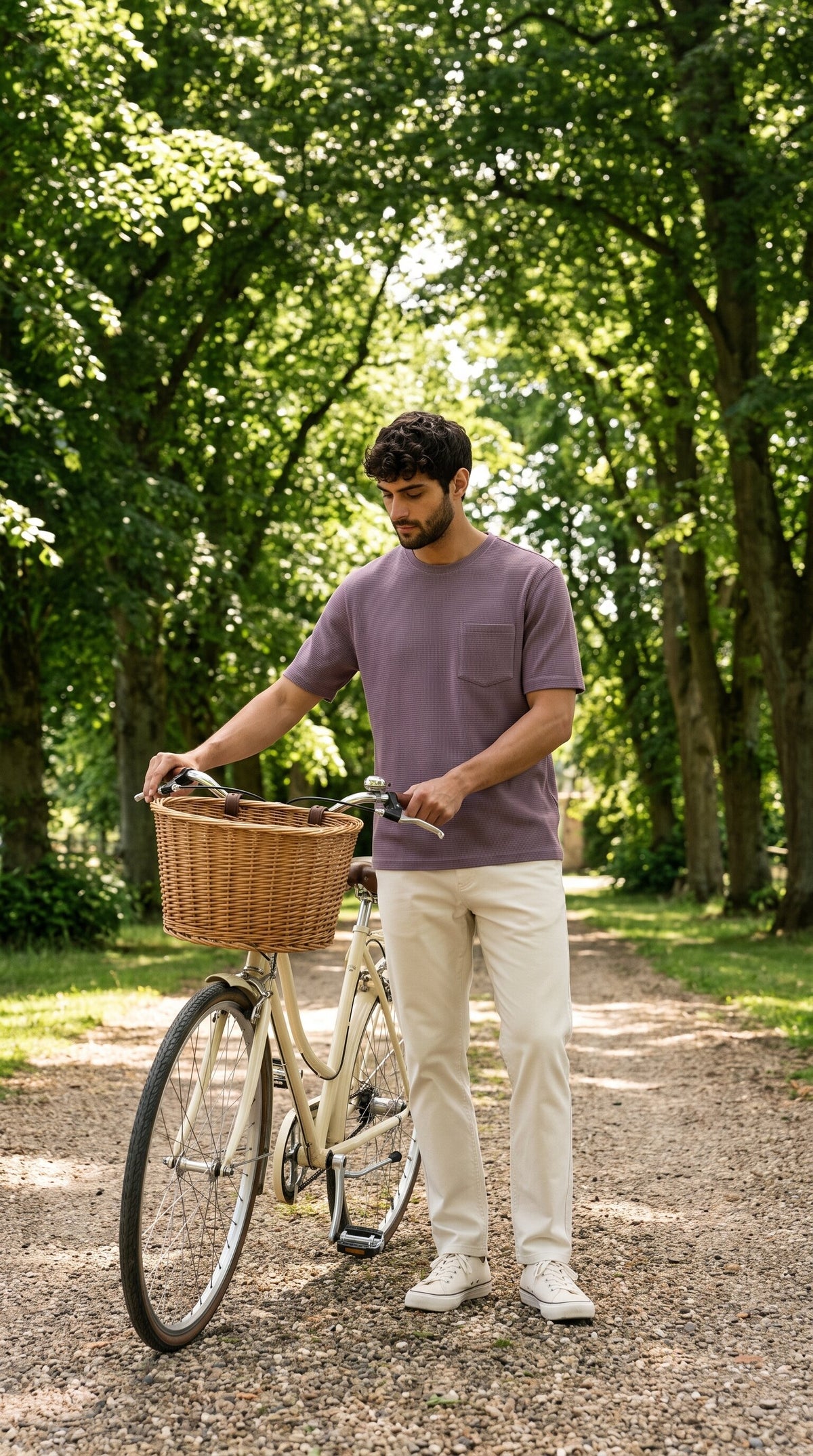 Man in Modura Seville purple textured t-shirt with a vintage bicycle