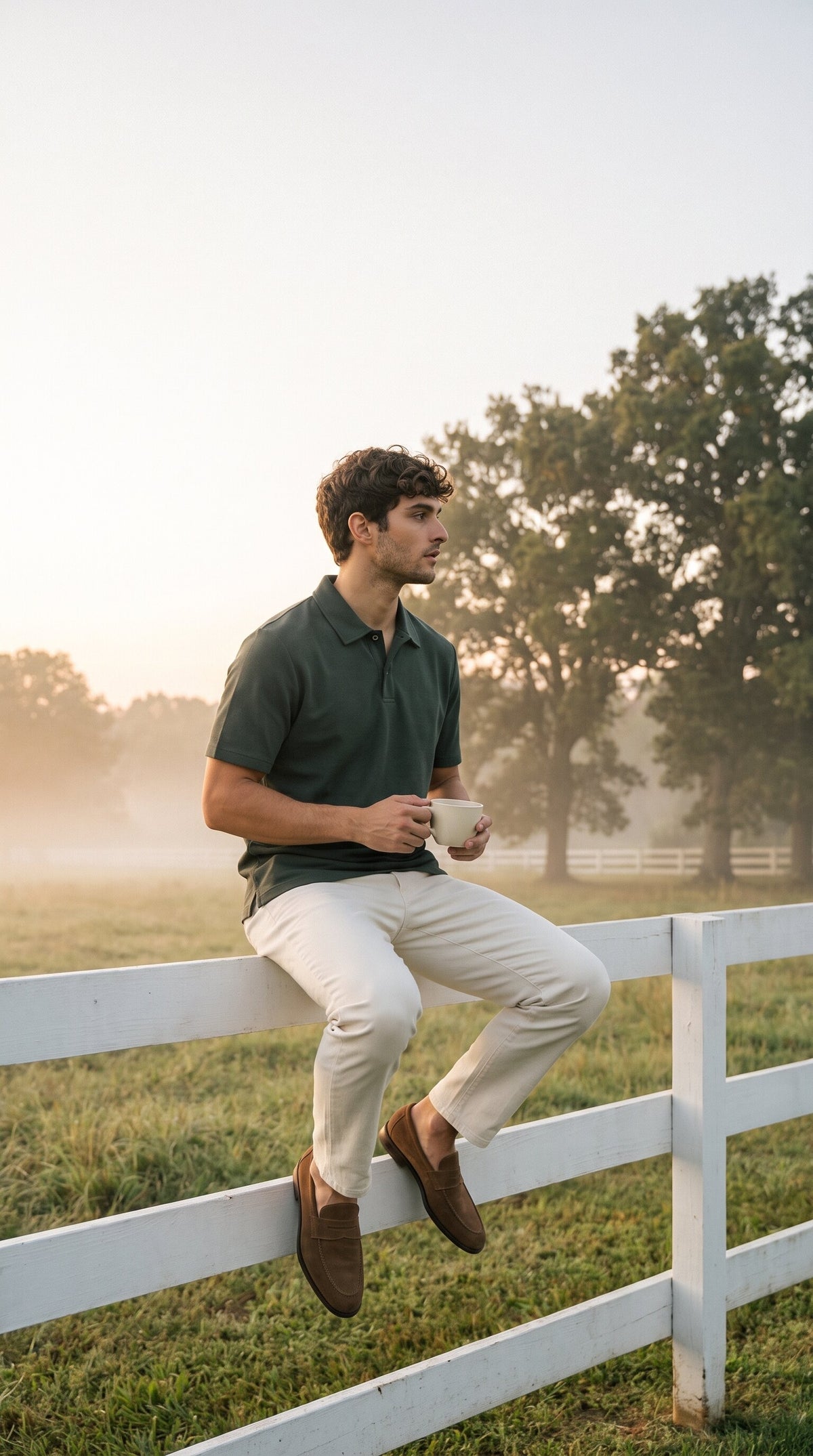 Man in Modura Lisbon green polo sitting on a paddock fence