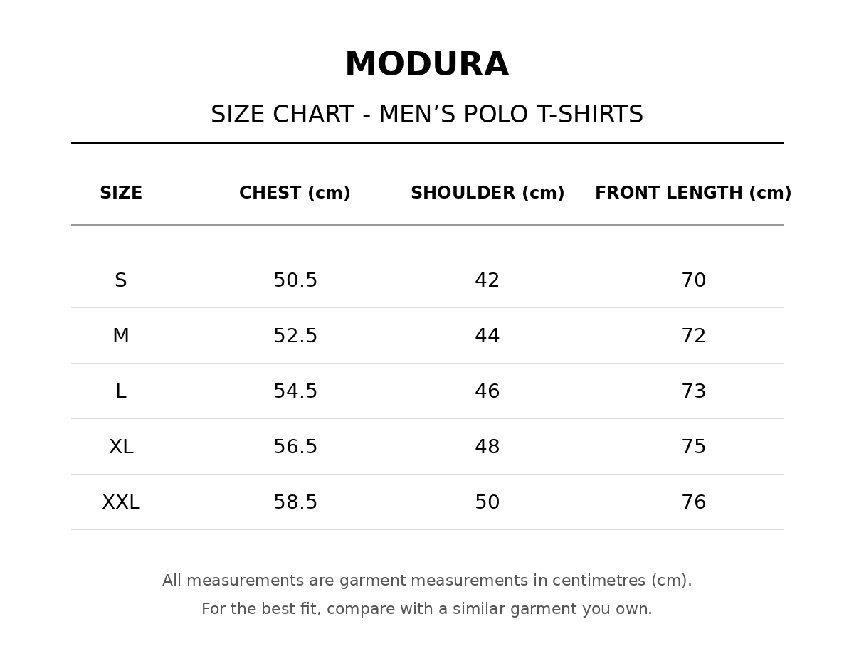 Modura men's polo t-shirt size chart in cm