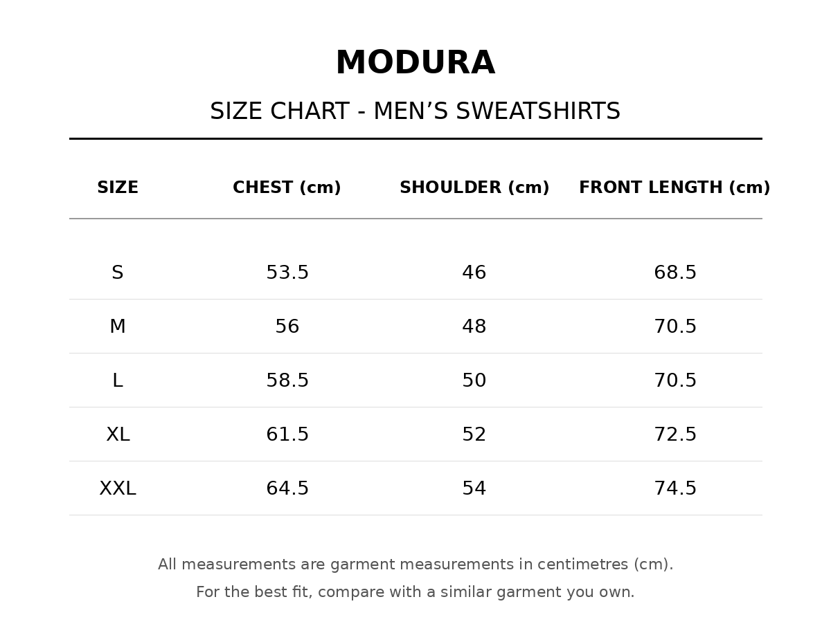 Modura men's sweatshirt size chart in cm