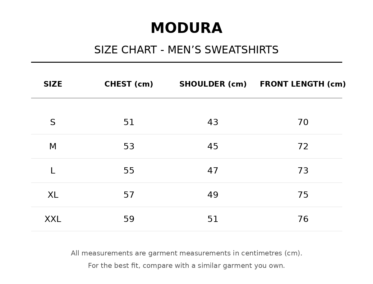 Modura men's sweatshirt size chart in cm